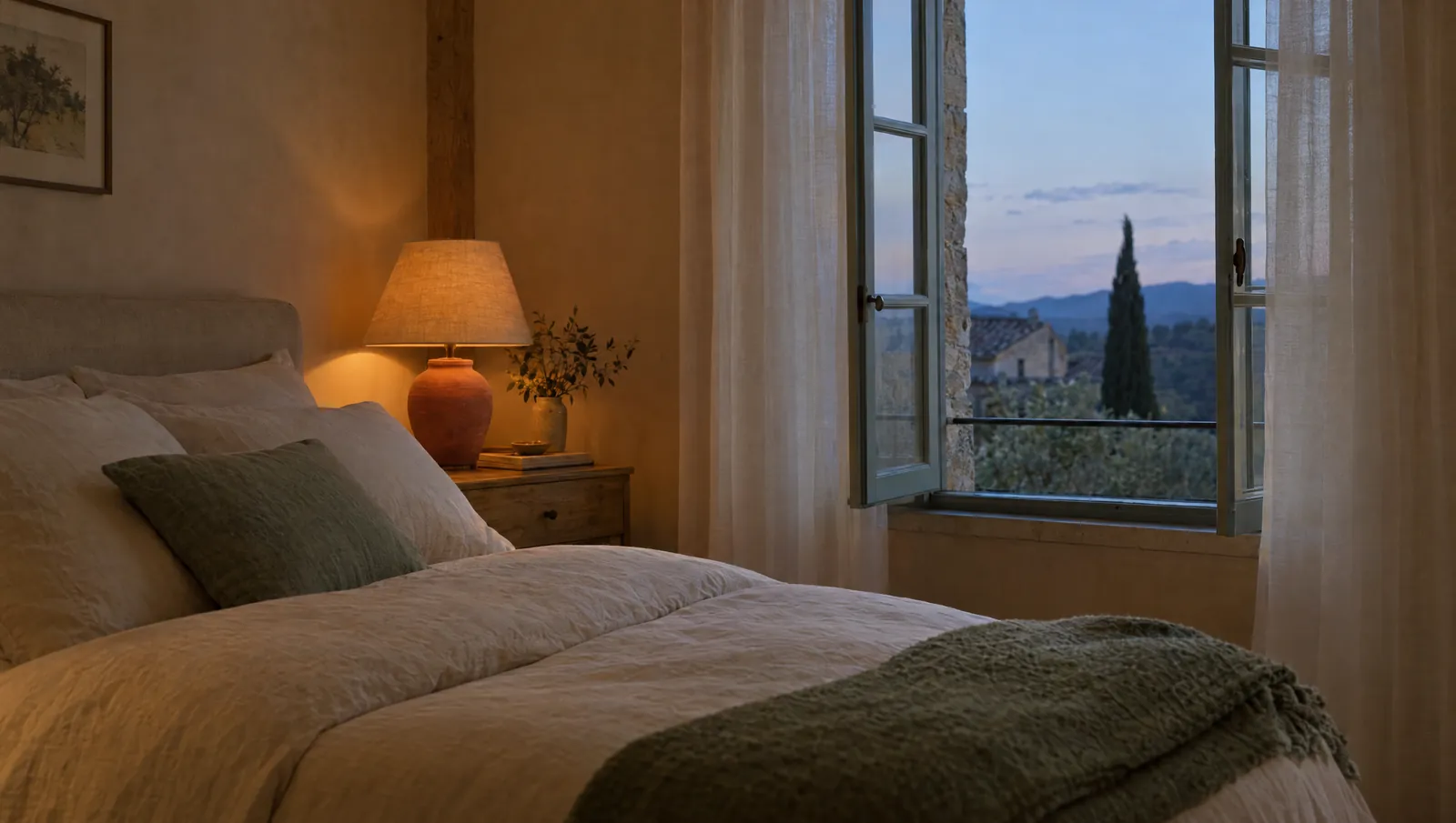 Une chambre calme à la tombée du jour, lampe en terre cuite et plaid vert sauge