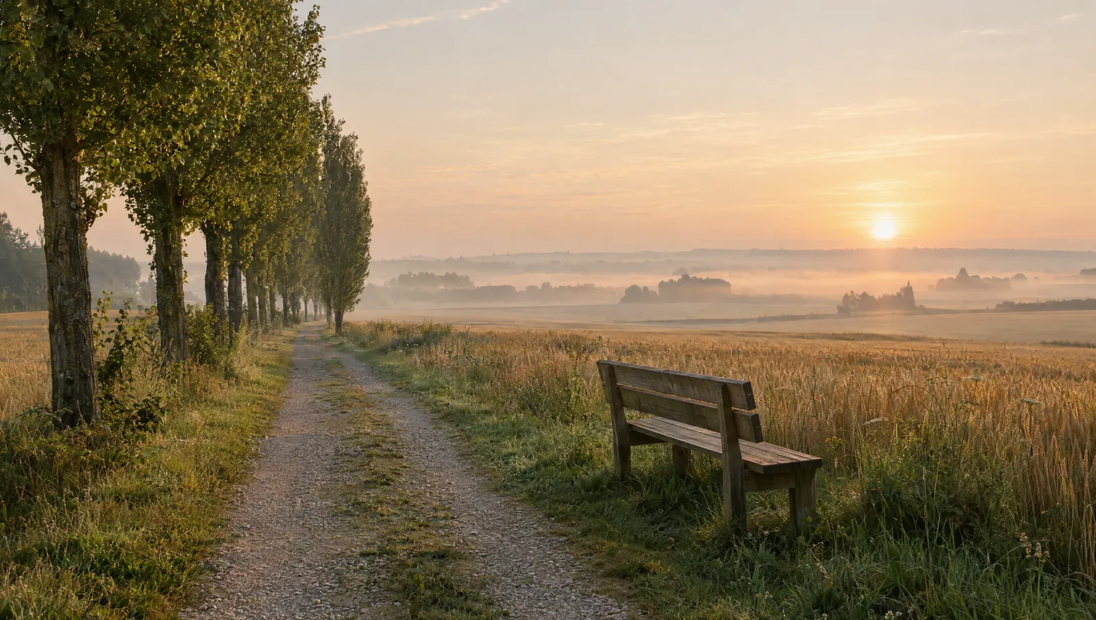 Un chemin de campagne bordé de peupliers au petit matin, un banc face à l'horizon